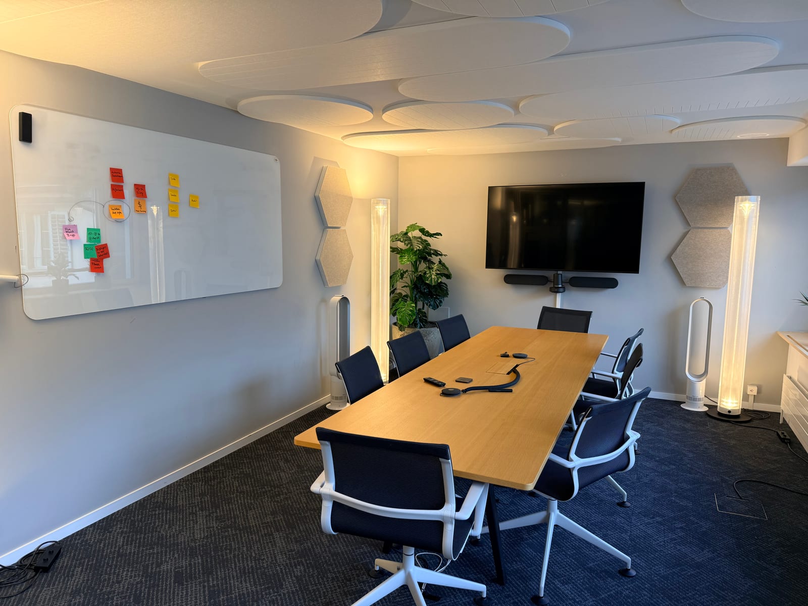 A ship26 breakout room with a meeting table, screen and a whiteboard covered in sticky notes