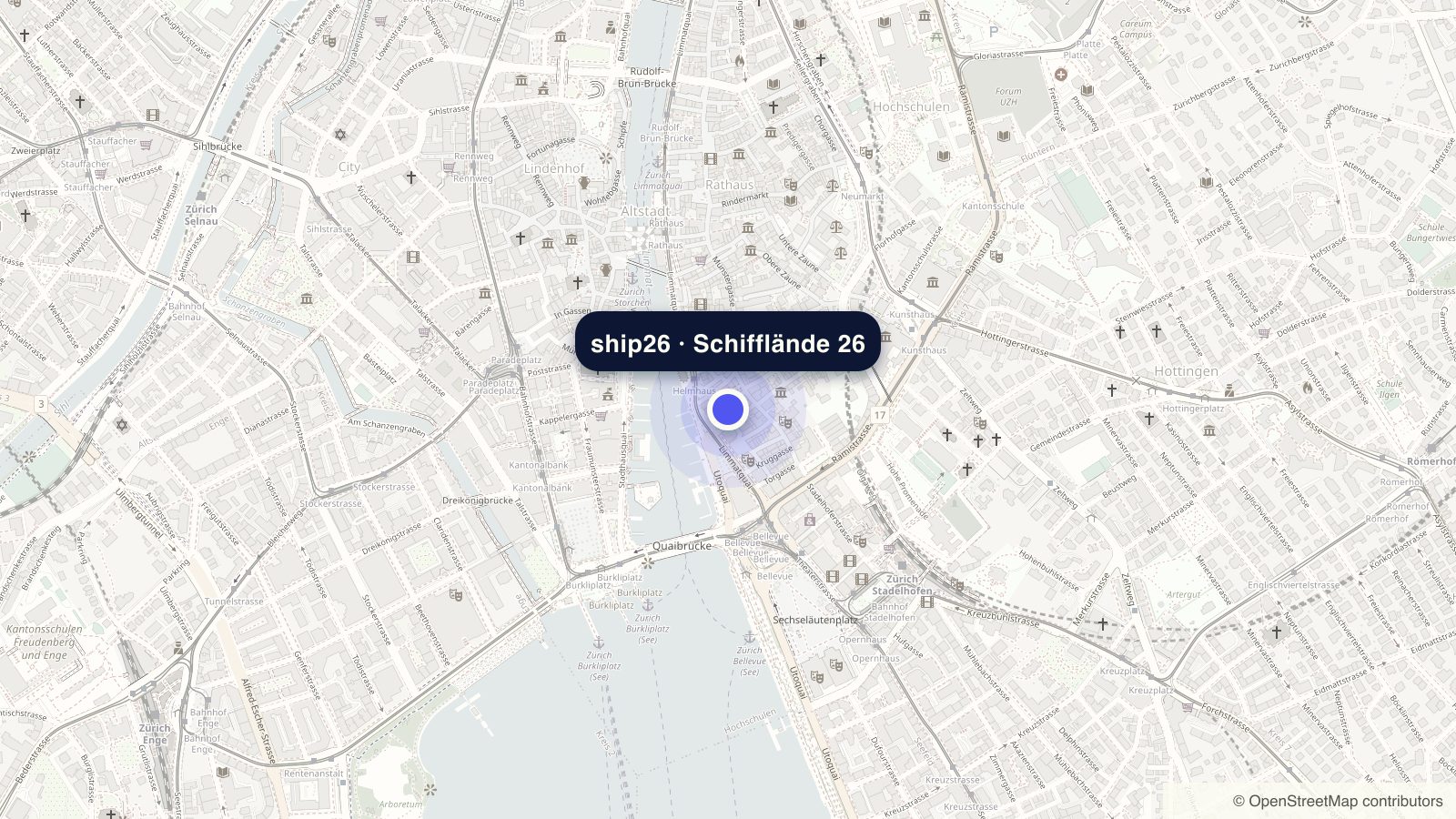 Map showing ship26 at Schifflände 26 on the Limmat, a two-minute walk from Bellevue in central Zurich